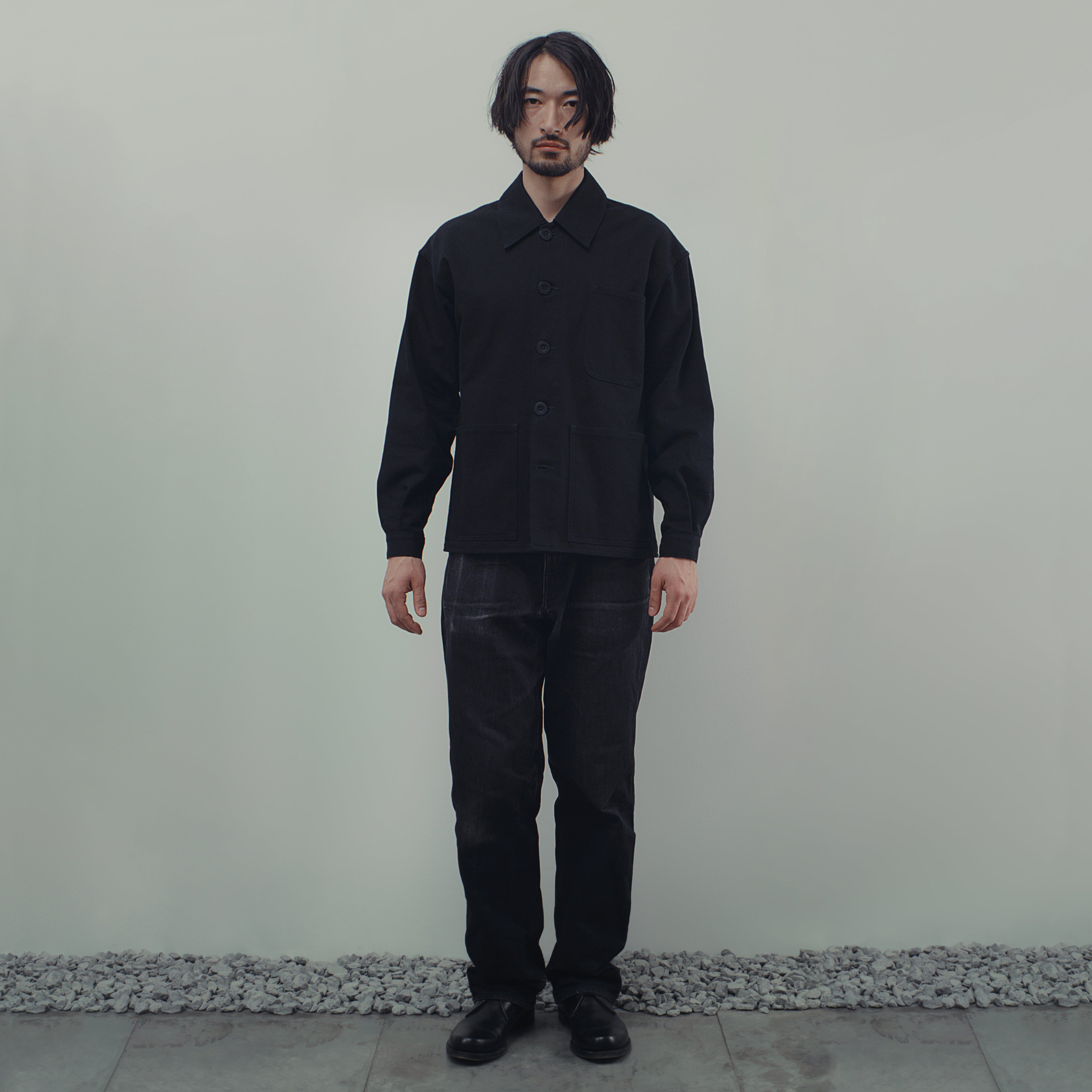 FRENCH WORKER'S COAT IN BLACK DENIM TWILL
