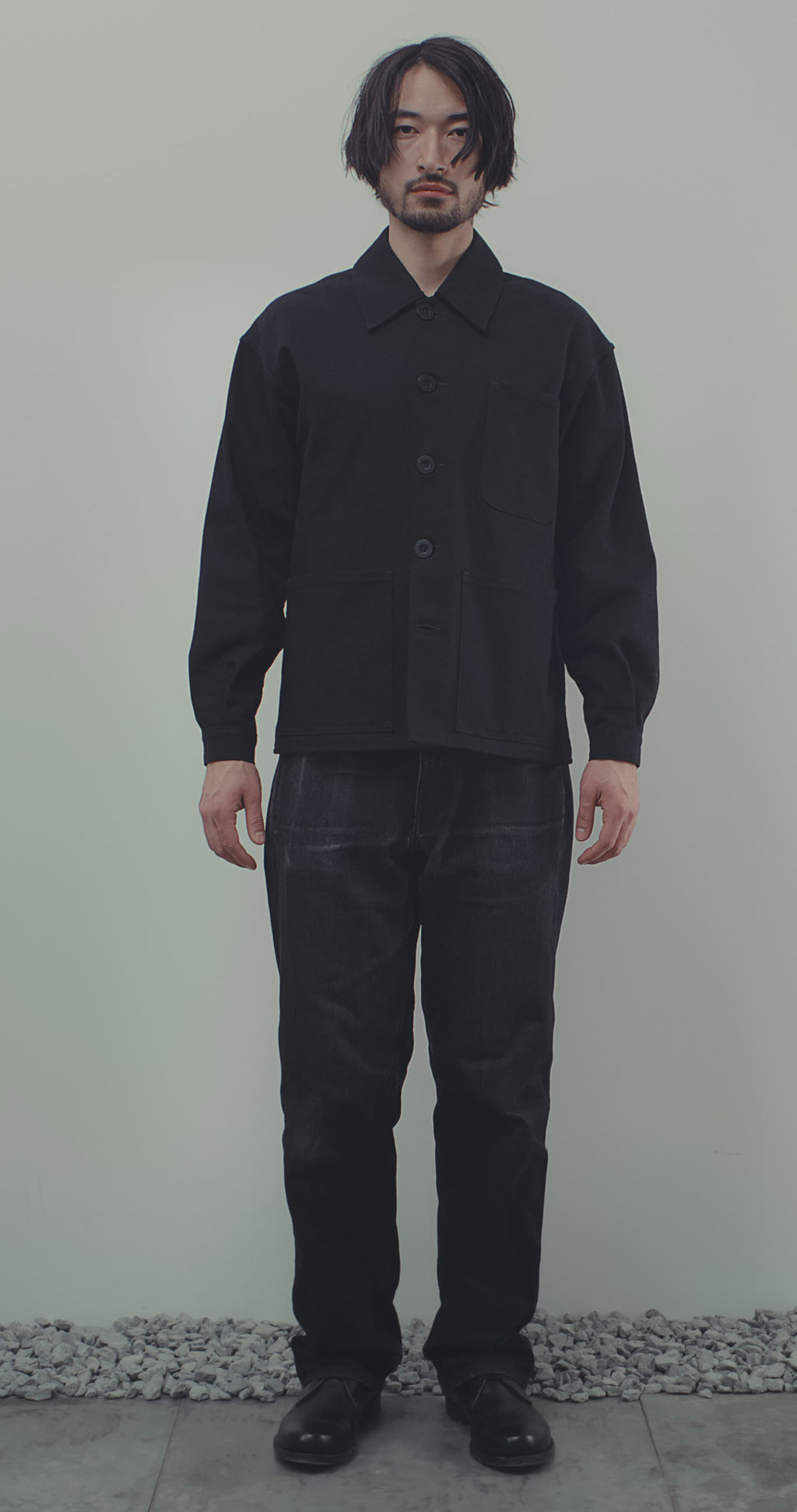 FRENCH WORKER'S COAT IN BLACK DENIM TWILL